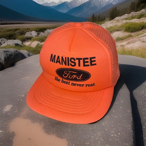 VTG Manistee Ford SnapBack Hat Neon Orange Braid Michigan City 1990s Dealership - Picture 1 of 16